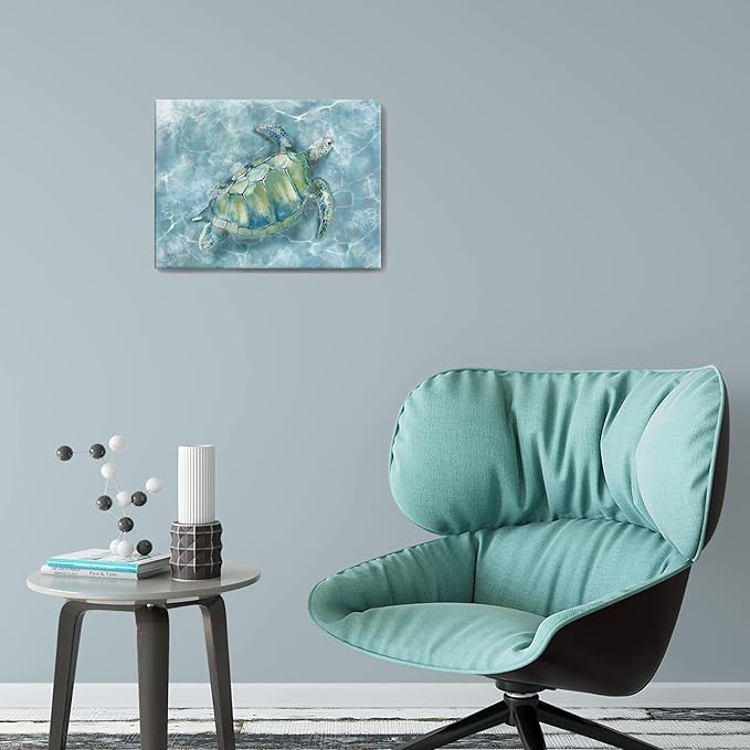 YJYart Bathroom Wall Decor Canvas Wall Art for Bedroom Sea Turtle Pictures Blue Coastal Room Decorations Artwork Green Turtle Wall Decorations 16” x 24”