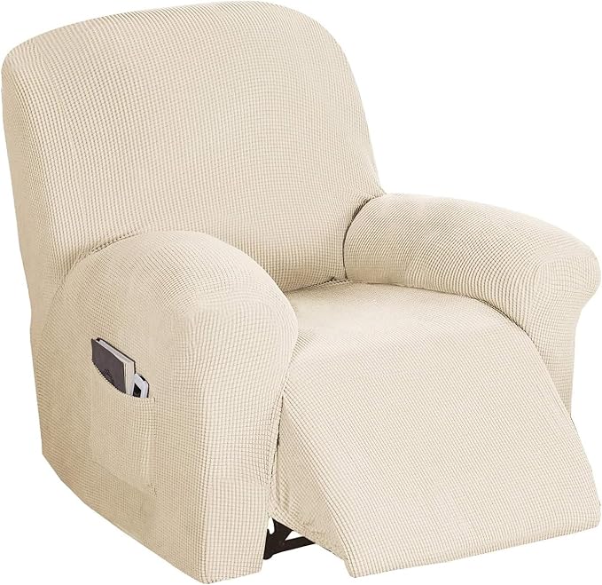 Flamingo P Stretch Recliner Chair Cover for Electric/Manual Style | Furniture Cover for Reclining with Side Pocket, Soft Checked Jacquard Fabric Form Fitted Standard/Oversized - Biscotti Beige