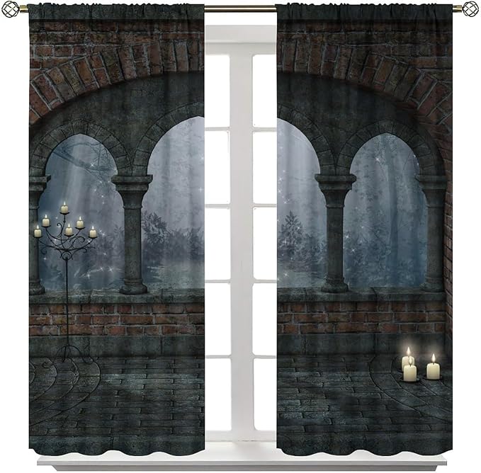 Gothic Mid Century Blackout Curtains, Vintage Medieval Night Old Arch Candles Window Drapes, for Living Room Bedroom 31.5(W)*72(L) 2 Panels