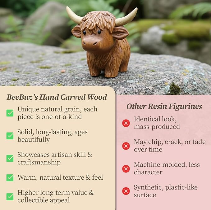 Hand Carved Wooden Highland Cow Figurine - Handmade Rustic Farmhouse Animal Decor, Solid Wood Miniature Sculpture, 3.5" Artisan Wooden Gift for Desk, Shelf, or Nursery