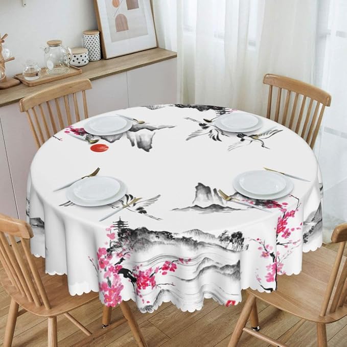 Japanese Tablecloth, Traditional Vintage Landscape Oriental Crane Temple Chinoiserie Water Resisitant Wipeable Table Cover for Dining Kitchen Living Room Home Party Holiday Decor 60 inch Round