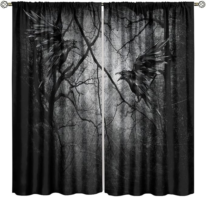 Gothic Crows Blackout Curtains, Black Forest Tree Spooky Foggy Mysterious Horror Theme Window Drapes, for Living Room Bedroom 31.5(W)*63(L) 2 Panels
