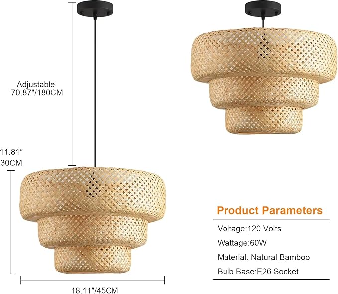 18.12 Inch Bamboo Pendant Light 3-Tier Hand Woven Rattan Pedant Light for Kitchen Dining Room Bedroom Living Room Kitchen Island Coastal Pendant Light