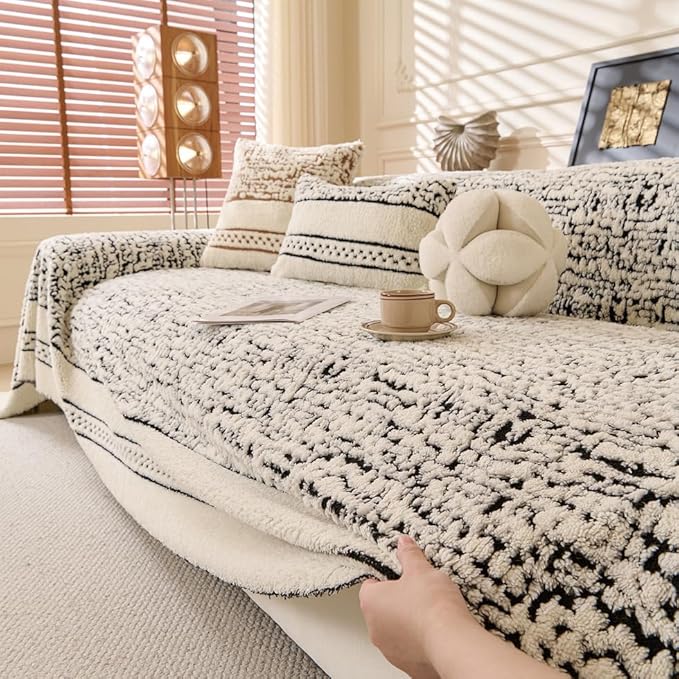 ROOMLIFE Thicked Striped Boho Black Couch Cover for 2-3 Cushion Sofa, Fuzzy Plush Warm Sofa Slipcovers Sectional Sofas Covers, Non Slip Washable Furniture Protector Soft with Tassel,Winter 71''X134”