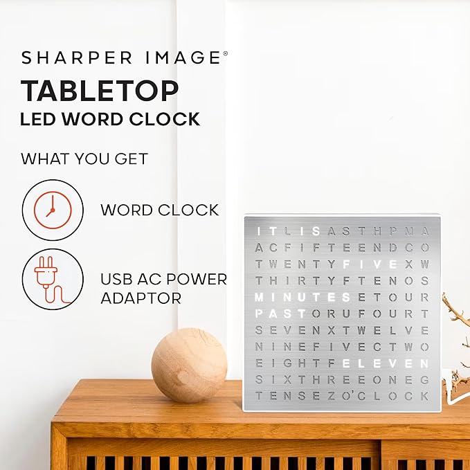 Sharper Image® LED Word Clock – 7.75" Light-Up Digital Clock for Desk & Wall| Modern Time Display Accent Clock| Unique Home Office Décor| Living Room Kitchen Bedroom| Housewarming Gift for Men & Women
