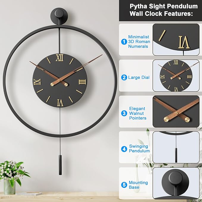 30.7×20 Inch Large Modern Decorative Wall Clocks for Living Room,Big Metal Minimalist 3D Roman Numeral Dial,Farmhouse Pendulum Wall Clock With Elegant Walnut Pointers for Office,Dining Room Decor