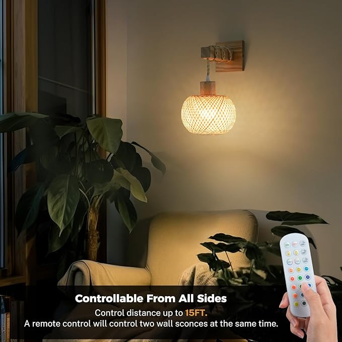 Battery Operated Wall Sconce with Remote Set of 2, Rechargeable Boho Wall Sconces with 8000mAh Bulbs, Woven Bamboo Wall Light/Lamp Rattan Wall Sconce for Bedroom