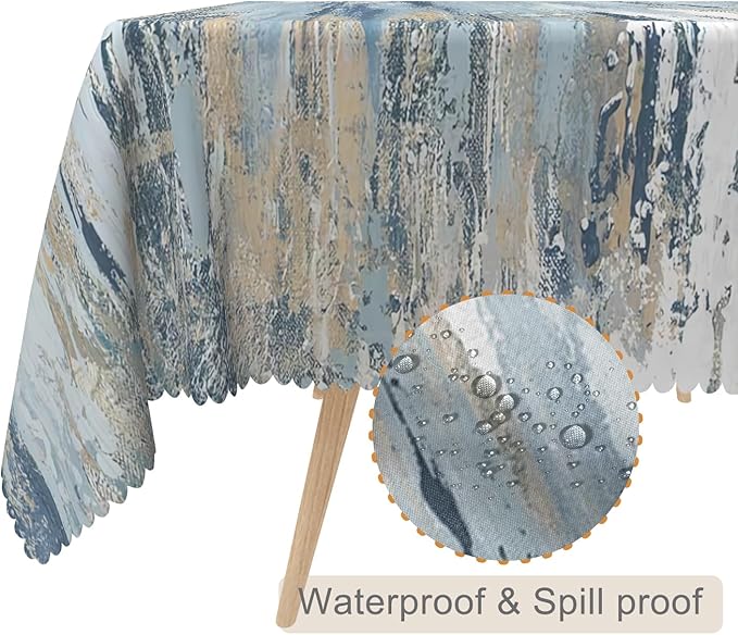 60x102inches Modern Aesthetic Stripe Tablecloth Gray Blue Brown Contemporary Abstract Painting Fabric Table Cloth Waterproof and Stain Resistant Table Cover for Kitchen Dining Room Home Decor