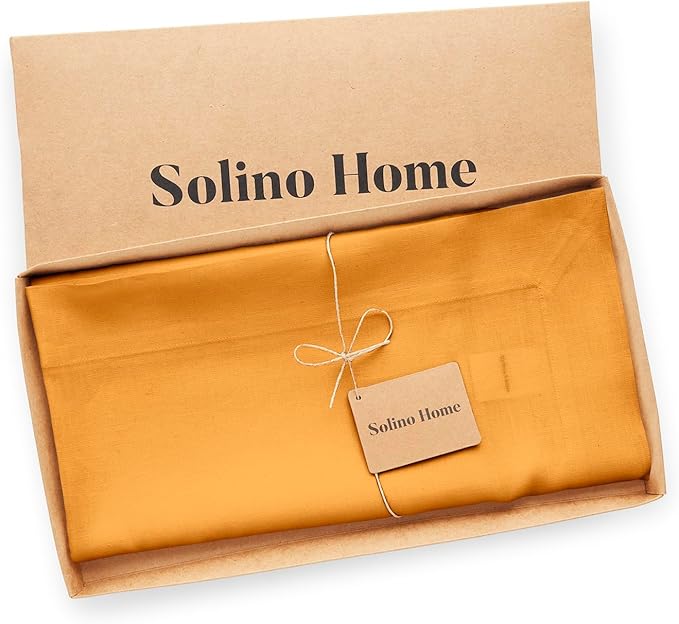 Solino Home Linen Tablecloth 52 x 52 Inch - 100% Pure Linen Tangerine Yellow Square Tablecloth - Fete, Machine Washable Table Throw for Fall, Autumn, Thanksgiving