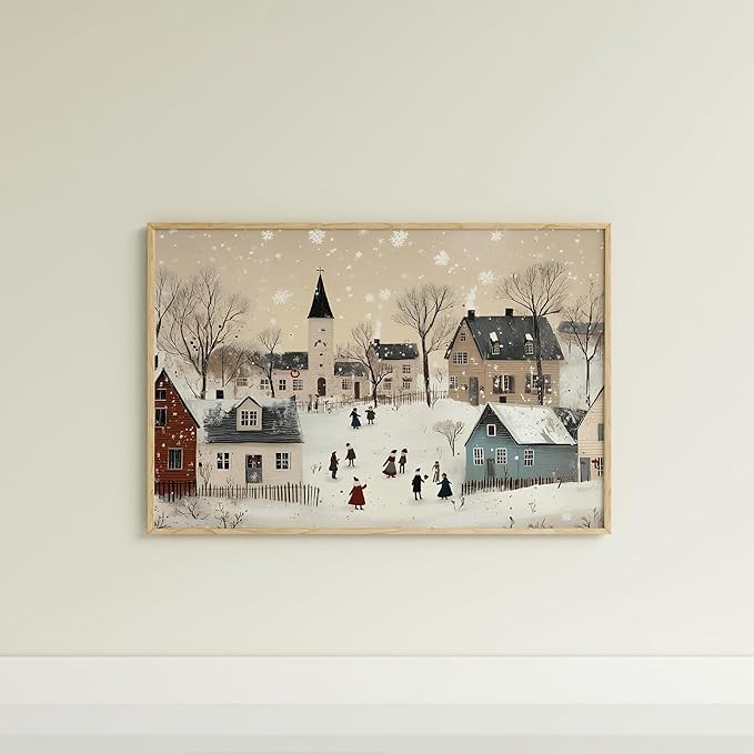 OZCONO Neutral Winter Holiday Wall Art for Cozy Home Decor, Retro Christmas Town Scene Artwork, Beige Seasonal Village Print for Farmhouse Style, Snowy December Illustration (Unframed) (11x14)