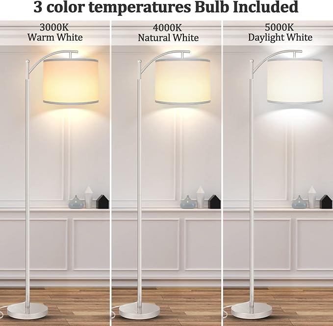Rottogoon Floor Lamp for Living Room, LED Standing Lamp with 2 Lamp Shades for Bedroom, 9W LED Bulb Included - Silver