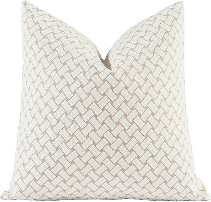 2025 New 18x18'' inches Throw Pillow Cushion Covers - Woven Grid Beige Color Chenille Jacquard Embroidery Luxury Modern Style Couch Sofa Bed Pillow Cover for Living Room Bedroom