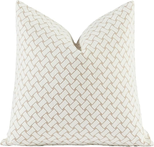2025 New 20x20'' inches Throw Pillow Cushion Covers - Woven Grid Beige Color Chenille Jacquard Embroidery Luxury Modern Style Couch Sofa Bed Pillow Cover for Living Room Bedroom