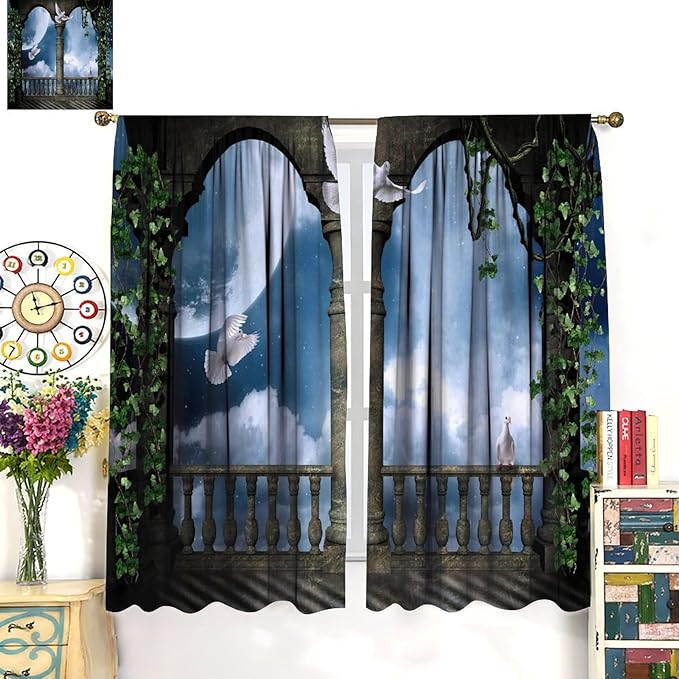Gothic Castle Arch Blackout Curtains, Mid Century Balcony and Doves Vintage Style Rod Pocket Window Drapes, for Living Room Bedroom 31.5(W)*72(L) 2 Panels