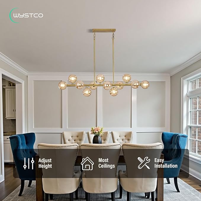 50" Large Sputnik Globe Chandelier, 12-Light Mid Century Modern Light Fixture Over Table, Brass Gold Linear Chandeliers for Dining Room and Kitchen Island (Amber Glass Bubble Shades)