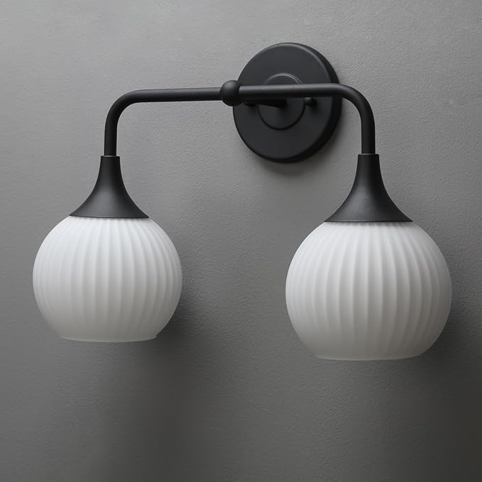 PERMO Double Sconce Black Vintage Vanity Light 2-Light Wall Sconces with White Ribbed Globe Glass Shade Hardwired Wall Light Fixture for Bathroom Mirror Cabinets Hallway Stairs