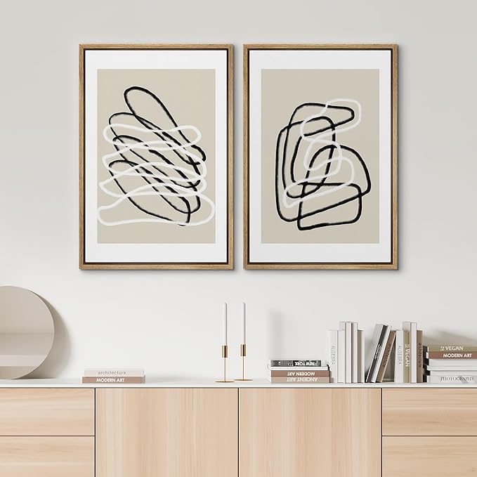 SIGNWIN Framed Wall Art Print Set Black and White Lines Tangled Tan Background Abstract Swirly Cozy Neutral Modern Art Mid-Century Modern Expressive for Living Room, Bedroom, Office - 24"x36"x2 Panels