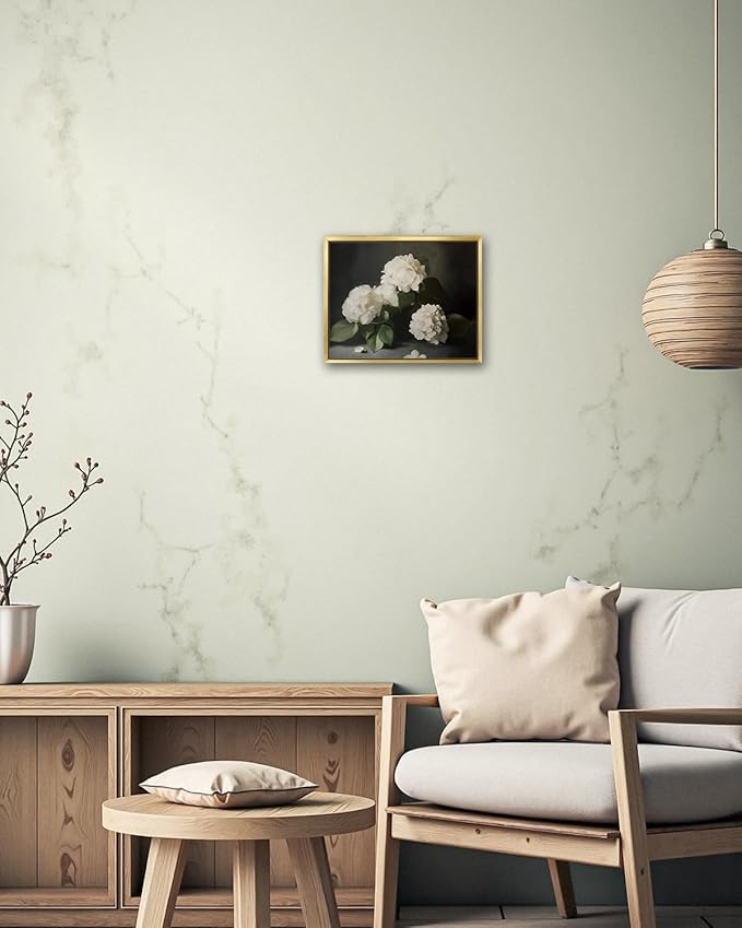 AIMAILON Vintage Gold Canvas Wall Art Framed Decor Classical Botanical Aesthetic Picture Blooming White Hydrangea Flowers Artwork Retro Light Boho Print Desktop Decoration 8x10