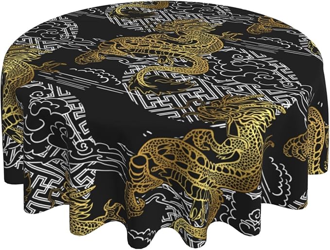 Japanese Tablecloth Round, Black Traditional Zodiac Dragon Vintage Asian Style Oriental Water Resisitant Table Cover for Dining Kitchen Living Room Home Party Holiday Decor 70 inch Round