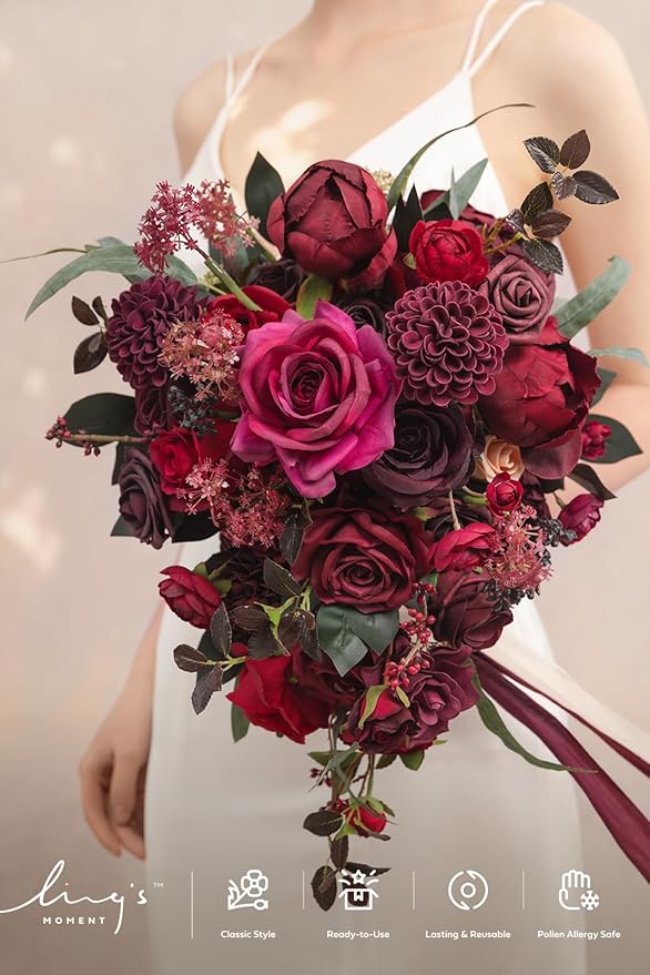 Ling's moment Red Bridal Bouquet Cascading, Burgundy Wedding Bouquets for Bride, 13 Inch Bride Bouquets for Wedding Artificial Flowers Bouquets