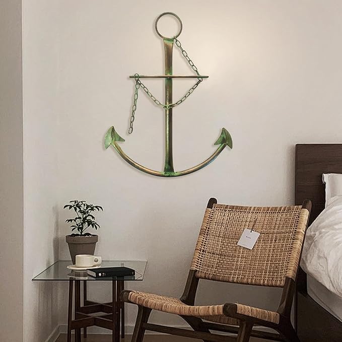 Nautical Anchor Wall Art, Metal Anchor With Chain for Bedroom, Living Room, Dorm, Home - 13" Green