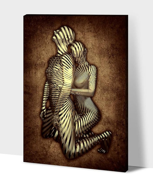 3D Metal Effect Canvas Wall Art- Gold 3D Metal Canvas Art Silver 3D Canvas Art Wall Decor for Modern Living Room, Romantic Couple Living Room Canvas Wall Art Framed 32”x48”x1Pcs