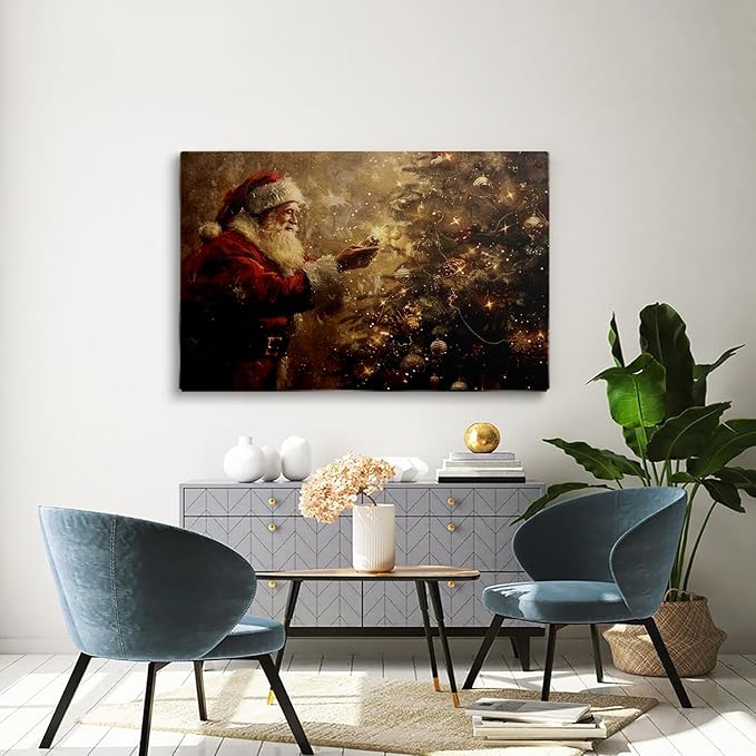 Santa Christmas Tree Wall Art Print,Dark Vintage Holiday Santa Claus Painting,Farmhouse Christmas Decor