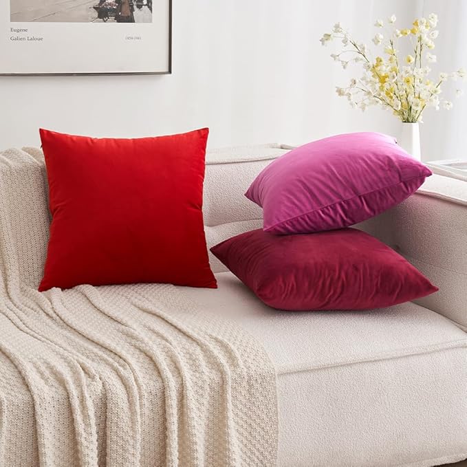 MIULEE Pack of 2 Christmas Bright Red Velvet Throw Pillow Covers 16x16 Inch Soft Solid Decorative Square Cushion Cases for Couch Sofa Bedroom