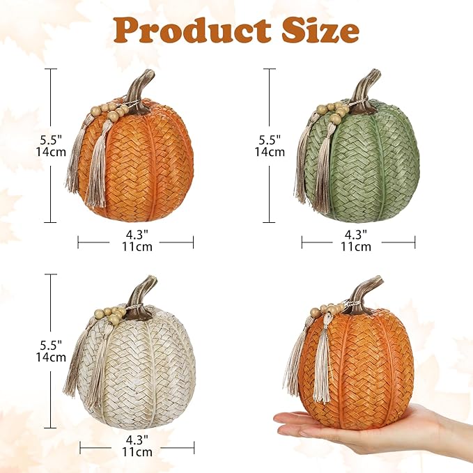 Hollyone Pumpkins Fall Decoration, 3 Pack Woven Resin Pumpkins Decorative Autumn Fake Pumpkin for Home Thanksgiving Harvest Halloween Wedding Table Centerpiece Shelf Indoor Outdoor Porch Decor