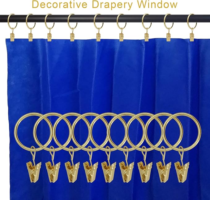 40 Pack Curtain Rings with Clips, Curtain Clip Rings Hooks, Bow Hanger Clips for Hanging Drapery Drapes Bows, Ring 1.26 inch Interior Diameter, Fits up to 1" Rod, Gold