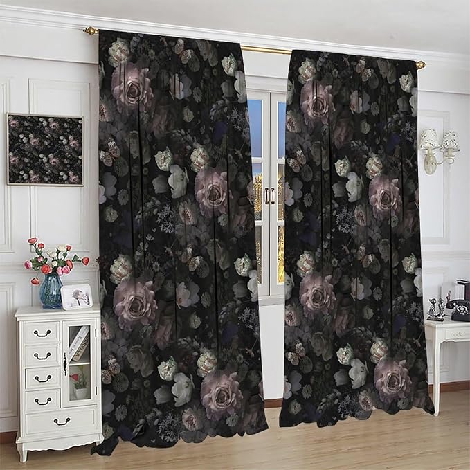 Gothic Floral Blackout Window Curtains, Retro Black Flower Rustic Watercolor Vintage Plant Boho Halloween Window Drapes, for Home Bedroom Living Room 21(W)*45(L) 2 Panels