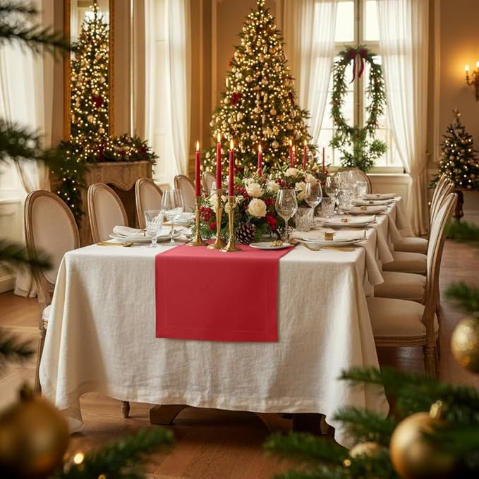 D'Moksha Homes Linen Bright Red Table Runner 84 Inches Long - 100% Pure Linen 14 x 84 Inch Table Runner for Dining, Fall, Thanksgiving, Christmas, Holiday - Machine Washable