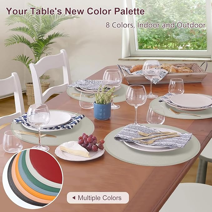Round Vinyl Gray Placemats Set of 6, Faux Leather Waterproof Wipeable Heat Resistant Place Mats, Washable Table Mats for Halloween, Thanksgiving & Christmas Dinner(Gray)