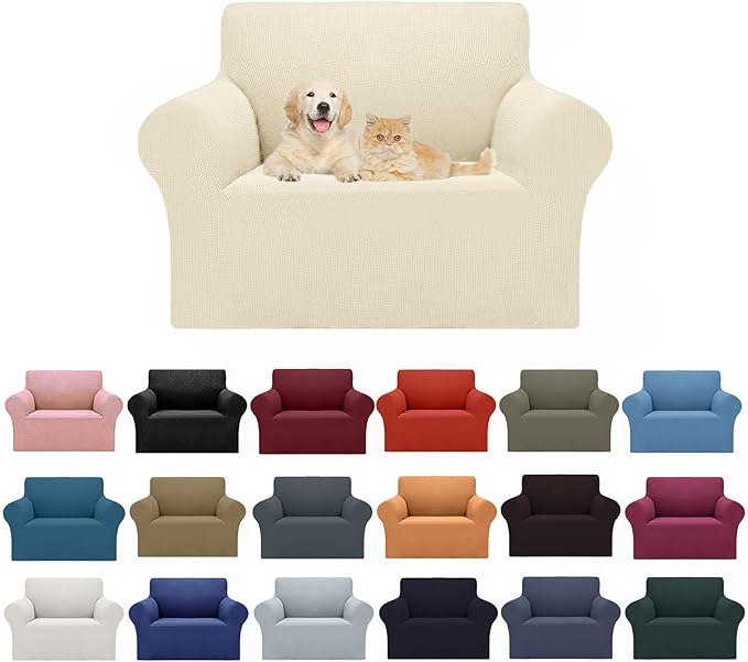 2025 New Stretch Chair Sofa Slipcovers Couch Cover for 1 Seater Furniture Protector Sofa Covers with Elastic Bottom Jacquard Fabric Small Checks for Pets, Kids - Beige
