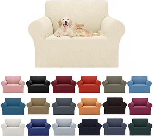 2025 New Stretch Chair Sofa Slipcovers Couch Cover for 1 Seater Furniture Protector Sofa Covers with Elastic Bottom Jacquard Fabric Small Checks for Pets, Kids - Beige