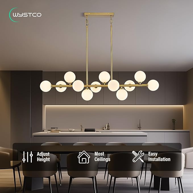 50" Long Modern Sputnik Globe Chandelier, Large 12-Light Mid Century Light Fixture Over Table, Brass Gold Linear Chandeliers for Dining Room and Kitchen Island (Milk White Glass Bubble Shades)