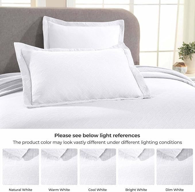 Superior 100% Cotton Basket Weave Bedspread with Shams, All-Season Premium Cotton Matelasse Jacquard Bedding, Quilted-Look Geometric Basket, Queen, White