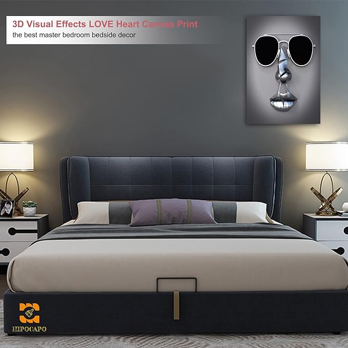 3D Metal Effect Wall Art - 3D Wall Art Decor Artwork Wear Sunglasses Siliver Figure Statue Modern Art Canvas Painting, Large Wall Art for Bedroom Dercor Framed 24”x36”x1Pcs