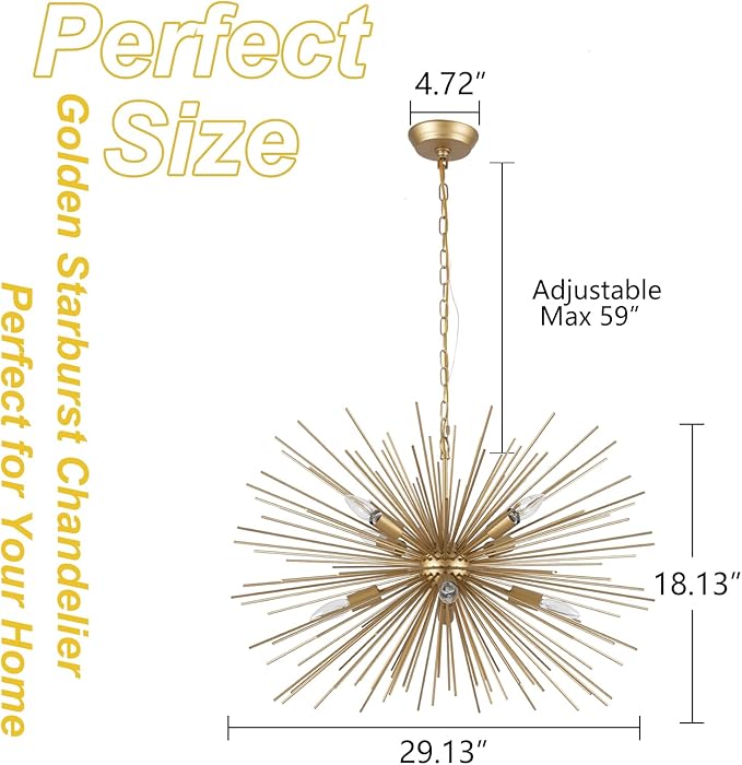 29.13" Large Golden Sputnik Chandelier Vintage Modern Luxury Geometric Starburst Chandelier Light Fixture Solid Metal Gold Firework Chandeliers for Dining Room, Kitchen, Bedroom, Living Room