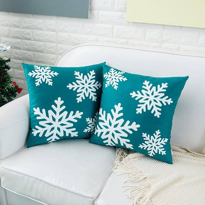 HWY 50 Teal Decorative Throw Pillow Covers 18x18 Inch for Couch Sofa Living Room Bed, Soft Square Throw Pillows Cases Cushion Cover with Christmas Snowflakes Print Pack of 2