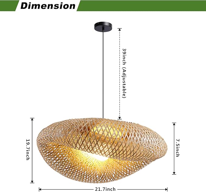 Farmhouse Bamboo Pendant Light Fixtures, Bird's Nest Shape Rattan Chandelier for Kitchen Island, Adjustable Ceiling Mount Hanging Lamp for Living Room, Dining Room, Bedroom, Entryway Decor