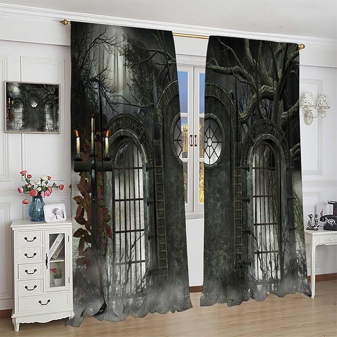 Gothic Mid Century Blackout Curtains, Moon Halloween Horror Candle Print Pattern Window Drapes, for Living Room Bedroom 21(W)*54(L) 2 Panels