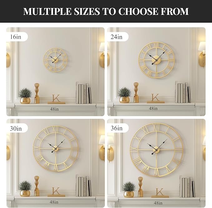 Gold Wall Clock, 24 Inch Large Wall Clock for Living Room Kitchen Mantel, Completely Silent Non Ticking Battery-Operated Metal Round Luxury Decorative Modern Clock - Roman Number