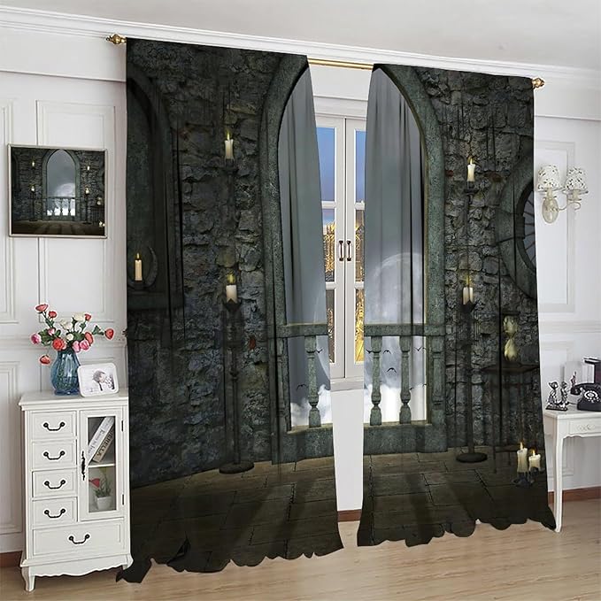 Gothic Mid Century Blackout Curtains, Vintage Moon Birds Old Castle Candle Night View Art Window Drapes, for Living Room Bedroom 21(W)*54(L) 2 Panels