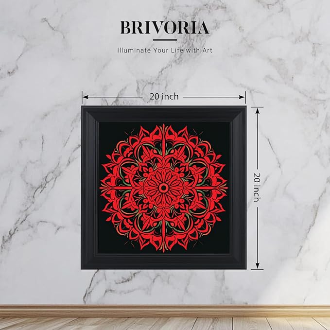 Brivoria Mandala Wall Art Home Decor, Large Framed Red Ember Glow Mandala Artwork, Modern Spiritual Energy Wall Decor for Living Room Office Entryway or Meditation Space, Warm Statement Display, 20x20