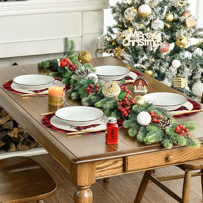 Artoid Mode Watercolor Red and Black Buffalo Plaid Christmas Trees Merry Xmas Round Placemats Set of 4, 14 Inch Winter Round Table Mats for Dining Decoration