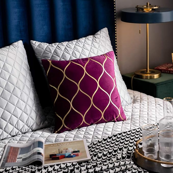 Gold Velvet Throw Pillow Covers Purple: 2 Pack 20x20 Inch Square Decorative Pillow Cases for Bedroom Sofa Couch Living Room