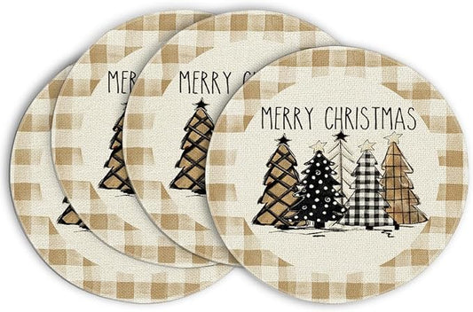 Artoid Mode Watercolor Brown Buffalo Plaid Christmas Trees Round Placemats Set of 4, 14 Inch Seasonal Winter Xmas Holiday Round Table Mats for Party Kitchen Dining Decoration
