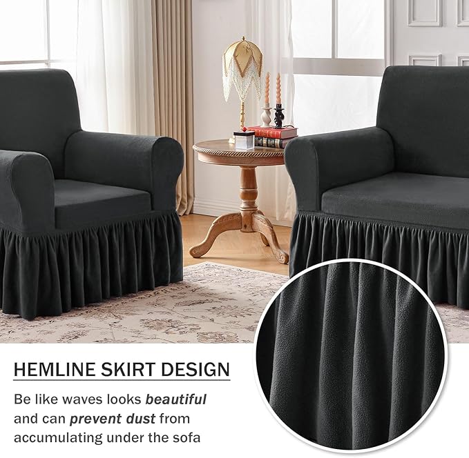 NICEEC Loveseat Cover Thick Plush 1-Piece Warm Grey Slipcover for Loveseats Stretch Fluffy Couch Covers for Living Room Easy Fit Washable Soft Furniture Sofa Protector with Skirt