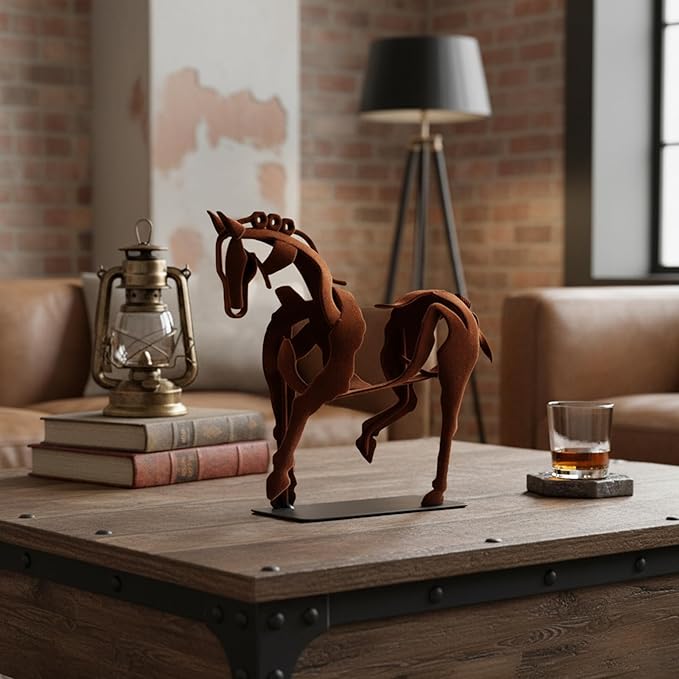 Handcrafted Flocked Iron Horse Sculpture, Rustic Metal Horse Statue Handmade, Graceful Walking Horse Figurine for Home Decor, Office Desk Decor, Gift for Horse Lovers